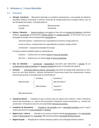 10
1- Sistemas c/ 1 Grau Liberdade
1.1- Glossário
• Vibração (mecânica) – Movimento alternado ou oscilatório relativamente a uma posição de referênica
(equilibrio estático), envolvendo a continua conversão de energia potencial em energia cinética, com ou
sem dissipação de energia. A vibração pode ser :
Livre (Natural) Não Amortecida
Forçada Amortecida
• Sistema Vibratório – Sistema mecânico, que oscila em torno de uma posição de referência (equilibrio
estático), convertendo continuamente energia cinética em energia potencial (e vice-versa), com ou sem
dissipação de energia. Para tal é geralmente constituido por:
elemento elástico – componente com capacidade de armazenar energia potencial
massa ou inércia – componenete com capacidade de armazenar energia cinética
amortecedor – componente dissipador de energia
O sistema mecânico vibratório pode ser classificado em:
Contínuo – Sistema com um número infinito de graus de liberdade
Discrreto – Sistema com um número finito de graus de liberdade
• Grau de Liberdade – Coordenada independente necessária para determinar a posição de um
componente do sistema vibratório em qualquer instante (descrever a cinemática do sistema).
• Excitação – Solicitação dinâmica externa, perturbação cuja fonte de energia pode apresentar-se sob a
forma de uma força dinâmica aplicada directamente (transmissao ativa) e/ou deslocamento imposto
(transmissao passiva). A excitação pode ser classificada em:
Periódica Harmônica *
Determinística Não Harmônica *
Não Periódica Impulsiva *
Transiente *
Não determinística
• Frequência Natural – Frequência à qual o sistema vibra em regime Livre / Natural. Existe a frequência
natural não amortecida ( 𝜔 𝑛 sistema não amortecido) e frequência natural amortecida ( 𝜔 𝑑 sistema sub-
amortecido ). A frequência natural é uma propriedade intrínseca do sistema.
• Frequência de Ressonância – Frequência de excitação, para a solicitação harmônica, para a qual o
sistema apresenta uma maior amplitude da resposta.
• Regime Livre / Natural – Vibração de um sistema mecânico devido exclusivamente a uma perturbação
inicial de deslocamento e/ou velocidade. Não havendo qualquer solicitação dinâmica exterior.
• Regime Forçado – Vibração de um sistema mecânico sujeito a uma solicitação dinâmica exterior.
 