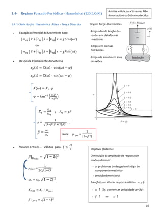 16
1.4- Regime Forçado Periódico - Harmônico (E.D.L.O.N.)
1.4.1- Solicitação Harmónica Ativa - Força Discreta
• Equação Diferencial do Movimento Base:
[ 𝑚 𝑒𝑞 ] 𝑥̈ + [𝑐 𝑒𝑞] 𝑥̇ + [𝑘 𝑒𝑞] 𝑥 = 𝜒𝐹cos(𝜔𝑡)
ou
[ 𝑚 𝑒𝑞 ] 𝑥̈ + [𝑐 𝑒𝑞] 𝑥̇ + [𝑘 𝑒𝑞] 𝑥 = 𝜒𝐹sin(𝜔𝑡)
• Resposta Permanente do Sistema
𝑥 𝑝( 𝑡) = 𝑋( 𝜔) ⋅ cos(𝜔𝑡 − 𝜑)
𝑥 𝑝( 𝑡) = 𝑋( 𝜔) ⋅ sin(𝜔𝑡 − 𝜑)
𝑋(𝜔) = 𝑋𝑠 ⋅ 𝜇
𝜑 = tan−1
(
2𝜉𝛽
1−𝛽2
)
𝑋𝑠 =
𝐹𝑒𝑞
𝑘 𝑒𝑞
; 𝐹𝑒𝑞 = 𝜒𝐹
𝜇 =
1
√(1−𝛽2)2+(2𝜉𝛽)2
;
𝛽 =
𝜔
𝜔 𝑛
• Valores Críticos – Válidos para 𝜉 ≤
√2
2
𝛽| 𝜇 𝑚𝑎𝑥
= √1 − 2𝜉2
𝜇 𝑚𝑎𝑥 =
1
2𝜉√1−𝜉2
𝜔𝑟 = 𝜔 𝑛 √1 − 2𝜉2
𝑋 𝑚𝑎𝑥 = 𝑋𝑠 ⋅ 𝜇 𝑚𝑎𝑥
𝛽| 𝜇=1 = √2 − 4𝜉2
Objetivo (Sistema):
Diminuição da amplitude da resposta de
modo a diminuir:
- os problemas de desgaste e fadiga do
componente mecânico
- precisão dimensional
Solução (sem alterar resposta estática – μ ):
- 𝜔 ↑ (Ex: aumentar velocidade avião)
- 𝜉 ↑ ⇔ 𝑐 ↑
Origem Forças Harmônicas:
- Forças devido à ação das
ondas em plataformas
marítimas
- Forças em prensas
hidráulicas
- Forças de arrasto em asas
de aviões
Nota: 𝜇| 𝜉=0
=
1
|1−𝛽2|
Análise válida para Sistemas Não
Amortecidos ou Sub-amortecidos
 