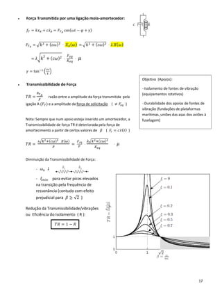 17
Objetivo (Apoios):
- Isolamento de fontes de vibração
(equipamentos rotativos)
- Durabilidade dos apoios de fontes de
vibração (fundações de plataformas
marítimas, uniões das asas dos aviões à
fuselagem)
-
• Força Transmitida por uma ligação mola-amortecedor:
𝑓𝑇 = 𝑘𝑥 𝐴 + 𝑐𝑥̇ 𝐴 = 𝐹 𝑇 𝐴
cos( 𝜔𝑡 − 𝜑 + 𝛾)
𝐹 𝑇 𝐴
= √𝑘2 + ( 𝑐𝜔)2 ⋅ 𝑋𝐴( 𝜔) = √𝑘2 + ( 𝑐𝜔)2 ⋅ 𝜆 𝑋( 𝜔)
= 𝜆√ 𝑘
2
+ ( 𝑐𝜔)2 ⋅
𝐹 𝑒𝑞
𝐾 𝑒𝑞
⋅ 𝜇
𝛾 = tan−1 (
𝑐𝜔
𝑘
)
• Transmissibilidade de Força
𝑇𝑅 =
𝐹𝑇 𝐴
𝐹
razão entre a amplitude da força transmitida pela
igação A (𝐹 𝑇) e a amplitude da força de solicitação ( ≠ 𝐹𝑒𝑞 )
Nota: Sempre que num apoio esteja inserido um amortecedor, a
Transmissibilidade de força TR é deteriorada pela força de
amortecimento a partir de certos valores de 𝛽 ( 𝐹𝑐 = 𝑐𝑥̇( 𝑡) )
𝑇𝑅 =
𝜆√𝑘2+(𝑐𝜔)2 𝑋(𝜔)
𝐹
=
𝐹 𝑒𝑞
𝐹
⋅
𝜆√𝑘2+(𝑐𝜔)2
𝐾𝑒𝑞
⋅ 𝜇
Diminuição da Transmissibilidade de Força:
- 𝜔 𝑛 ↓
- 𝜉 𝑚𝑖𝑛 para evitar picos elevados
na transição pela frequência de
ressonância (contudo com efeito
prejudicial para 𝛽 ≥ √2 )
Redução da Transmissibilidade/vibrações
ou Eficiência do Isolamento ( R ):
𝑇𝑅 = 1 − 𝑅
 
