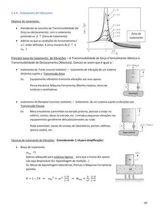 20
Zona de
Isolamento
1.4.4- Isolamento de Vibrações
Objetivo do isolamento :
• Atendendo ao conceito de Transmissibilidade (de
força ou deslocamento) com o isolamento
pretende-se 𝛽 ↑ (Zona de Isolamento)
• Admita-se que as condições de funcionamento (
ω ) estão definidas. A única maneira de 𝛽 ↑ é
𝜔 𝑛 ↓
Princípio base do Isolamento de Vibrações – A Transmissibilidade de força é formalmente idêntica à
Transmissibilidade de Deslocamento (Absoluta). Conclui-se assim que é igual o :
• Isolamento da Fonte (source isolation) – Isolamento de Vibração de um sistema
dinâmico sujeito a Transmissão Ativa
Ex: Equipamento vibratório transmite vibrações aos seus apoios
Pensa mecânica, Máquina Ferramenta, Moinho rotativo, Veios de
turbinas e ventiladores
• Isolamento do Receptor (receiver isolation) – Isolamento de um sistema sujeito a vibrações por
Transmissão Passiva
Ex: Meio envolvente (caminhões na estrada próxima, pessoas a andar no
edifício, sismos, obras na estrada, etc..) introduz pequenas vibrações nos
equipamentos geralmente delicados/sensíveis ao ruído
Roda automóvel, mesas de ensaios de laboratórios, pontes, edifícios
(pouco usado), etc..
Técnicas de Isolamento de Vibrações (Considerando ξ =0 para simplificação):
• Bloco de Isolamento
𝑚 𝑒𝑞 ↑↑
Apenas adequado para sistemas ligeiros - para que a massa dos apoios
nao seja desprezável (Ex: Aparelhagem de medição...)
Ex: Mesas de Aparelhagem laboratorial, Prensas e Máquinas Ferramenta
pesadas
𝑅 = 1 − 𝑇𝑅 ⇒ 𝜔 𝑛
2
= 𝜔 2 1−𝑅
2−𝑅
⇒ 𝑚 𝑒𝑞 =
𝑘
𝜔2
2−𝑅
1−𝑅
 
