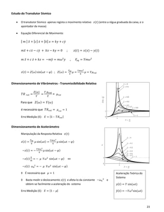 23
Aceleração Teórica do
Sistema
𝑦( 𝑡) = 𝑌 sin(𝜔𝑡)
𝑦̈( 𝑡) = −𝑌𝜔2
sin(𝜔𝑡)
Estudo do Transdutor Sísmico
• O transdutor Sísmico apenas regista o movimento relativo 𝑧(𝑡) (entre a régua graduada da caixa, e o
apontador da massa)
• Equação Diferencial de Movimento
[ 𝑚 ] 𝑥̈ + [ 𝑐] 𝑥̇ + [ 𝑘] 𝑥 = 𝑘𝑦 + 𝑐𝑦̇
𝑚𝑥̈ + 𝑐𝑥̇ − 𝑐𝑦̇ + 𝑘𝑥 − 𝑘𝑦 = 0 ; 𝑧(𝑡) = 𝑥(𝑥) − 𝑦(𝑡)
𝑚 𝑧̈ + 𝑐 𝑧̇ + 𝑘𝑧 = −𝑚𝑦̈ = 𝑚𝜔2
𝑦 , 𝐹𝑒𝑞 = 𝑌𝑚𝜔2
𝑧( 𝑡) = 𝑍( 𝜔) sin( 𝜔𝑡 − 𝜑) ; 𝑍( 𝜔) =
𝐹𝑒𝑞
𝑘
𝜇 =
𝑌𝑚𝜔2
𝑘
𝜇 = 𝑌𝜇 𝑟𝑜𝑡
Dimensionamento de Vibrómetros - Transmissibilidade Relativa
𝑇𝑅 𝑟𝑒𝑙 =
𝑍(𝜔)
𝑌
=
𝑌 𝜇 𝑟𝑜𝑡
𝑌
= 𝜇 𝑟𝑜𝑡
Para que 𝑍( 𝜔) = 𝑌(𝜔)
é necessário que 𝑇𝑅 𝑟𝑒𝑙 = 𝜇 𝑟𝑜𝑡
= 1
Erro Medição (E): 𝐸 = |1 – 𝑇𝑅 𝑟𝑒𝑙|
Dimensionamento de Acelerámetro
Manipulação da Resposta Relativa 𝑧(𝑡)
𝑧( 𝑡) =
𝐹𝑒𝑞
𝑘
𝜇 sin( 𝜔𝑡) =
𝑌𝑚𝜔2
𝑘
𝜇 sin( 𝜔𝑡 − 𝜑)
−𝑧( 𝑡) = −
𝑌𝑚𝜔2
𝑘
𝜇 sin( 𝜔𝑡 − 𝜑)
−𝑧( 𝑡)
𝑘
𝑚
= − 𝜇 𝑌𝜔2
sin( 𝜔𝑡 − 𝜑) ⇔
−𝑧( 𝑡) 𝜔 𝑛
2
= − 𝜇 𝑌𝜔2
sin( 𝜔𝑡 − 𝜑)
◊ É necessário que 𝜇 = 1
◊ Basta medir o deslocamento 𝑧(𝑡) e afeta-lo da constante −𝜔 𝑛
2
e
obtem-se facilmente a aceleração do sistema
Erro Medição (E): 𝐸 = |1 – 𝜇|
 