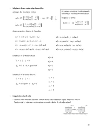 32
• Solicitação de um modo natural específico
Aplicação das Condições Iniciais
| 𝑥0| = [𝑈] |
𝑐1 cos( 𝜔1(0) − 𝜑1)
𝑐2 cos( 𝜔2(0) − 𝜑2)
| ; com [𝑈] = [
1 1
𝑟1 𝑟2
]
| 𝑥̇0| = [𝑈] |
−𝑐1 𝜔1 sin( 𝜔1(0) − 𝜑1)
−𝑐2 𝜔2 sin( 𝜔2(0) − 𝜑2)
|
Obtem-se assim o sistema de Equações
𝑥0
1
= 𝑐1 𝑐𝑜𝑠(−𝜑1) + 𝑐2 𝑐𝑜𝑠(−𝜑2)
𝑥0
1
= 𝑐1 𝑟1 𝑐𝑜𝑠(−𝜑1) + 𝑐2 𝑟2 𝑐𝑜𝑠(−𝜑2)
𝑥0
1
= −𝑐1 𝜔1 𝑠𝑖𝑛(−𝜑1) + −𝑐2 𝜔2 𝑠𝑖𝑛(−𝜑2)
𝑥0
1
= −𝑐1 𝜔1 𝑟1 𝑠𝑖𝑛(−𝜑1) + −𝑐2 𝜔2 𝑟2 𝑠𝑖𝑛(−𝜑2)
Solicitação do 1º modo natural:
𝑐1 = 1 𝑒 𝑐2 = 0
𝜑1 = 0 𝑒 𝜑2 = 𝑞𝑢𝑎𝑙𝑞𝑢𝑒𝑟
Solicitação do 2º Modo Natural:
𝑐1 = 0 𝑒 𝑐2 = 1
𝜑1 = 𝑞𝑢𝑎𝑙𝑞𝑢𝑒𝑟 𝑒 𝜑2 = 0
• Frequência natural nula
– Sistemas Semi-definidos (sistemas com um modo natural de corpo rígido, frequencia natural
fundamental é nula ; apresentam ainda um modo elástico de vibração natural)
A resposta em regime livre é dada pela
combinação linear dos modos naturais
Resposta na forma:
| 𝑥( 𝑡) | = [ 𝑈 ] |
𝑐1 cos( 𝜔1 𝑡 − 𝜑1)
𝑐2 cos( 𝜔2 𝑡 − 𝜑2)
|
𝑥0
1
= 𝑐1 cos( 𝜑1) + 𝑐2 cos( 𝜑2)
𝑥0
1
= 𝑐1 𝑟1 cos( 𝜑1) + 𝑐2 𝑟2 cos( 𝜑2)
𝑥0
1
= 𝑐1 𝜔1 sin( 𝜑1) + 𝑐2 𝜔2 sin( 𝜑2)
𝑥0
1
= 𝑐1 𝜔1 𝑟1 sin( 𝜑1) + 𝑐2 𝜔2 𝑟2 sin( 𝜑2)
𝑥0
1
= 1
𝑥0
1
= 𝑟1
𝑥0
1
= 0
𝑥0
1
= 0
𝑥0
1
= 1
𝑥0
1
= 𝑟2
𝑥0
1
= 0
𝑥0
1
= 0
 
