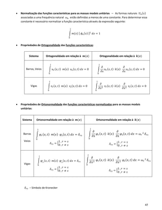47
• Normalização das funções características para as massas modais unitárias – As formas naturais 𝑈 𝑛( 𝑥)
associadas a uma frequência natural 𝜔 𝑛 estão definidas a menos de uma constante. Para determinar essa
constante é necessário normalizar a função característica através da expressão seguinte:
∫ 𝑚(𝑥) [ 𝜙 𝑛( 𝑥) ]2
𝑑𝑥 = 1
𝑙
0
• Propriedades de Ortogonalidade das funções características:
Sistema Ortogonalidade em relação à 𝒎(𝒙) Ortogonalidade em relação à 𝒌(𝒙)
Barras, Veios ∫ 𝑢 𝑟( 𝑥, 𝑡) 𝑚( 𝑥) 𝑢 𝑠( 𝑥, 𝑡) 𝑑𝑥 = 0
𝑙
0
∫
𝜕
𝜕𝑥
𝑢 𝑟( 𝑥, 𝑡) 𝑘( 𝑥)
𝜕
𝜕𝑥
𝑢 𝑠( 𝑥, 𝑡) 𝑑𝑥 = 0
𝑙
0
Vigas ∫ 𝑣𝑟( 𝑥, 𝑡) 𝑚( 𝑥) 𝑣𝑠( 𝑥, 𝑡) 𝑑𝑥 = 0
𝑙
0
∫
𝜕
𝜕𝑥2
𝑣𝑟( 𝑥, 𝑡) 𝑘( 𝑥)
𝜕
𝜕𝑥2
𝑣𝑠( 𝑥, 𝑡) 𝑑𝑥 = 0
𝑙
0
• Propriedades de Ortonormalidade das funções características normalizadas para as massas modais
unitárias:
Sistema Ortonormalidade em relação à 𝒎(𝒙) Ortonormalidade em relação à 𝒌(𝒙)
Barras
Veios
∫ 𝜑𝑟( 𝑥, 𝑡) 𝑚( 𝑥) 𝜑𝑠( 𝑥, 𝑡) 𝑑𝑥 = 𝛿 𝑟𝑠
𝑙
0
𝛿 𝑟𝑠 = {
1 , 𝑟 = 𝑠
0 , 𝑟 ≠ 𝑠
∫
𝜕
𝜕𝑥
𝜑𝑟( 𝑥, 𝑡) 𝑘( 𝑥)
𝜕
𝜕𝑥
𝜑𝑠( 𝑥, 𝑡) 𝑑𝑥 = 𝜔𝑟
2
𝛿 𝑟𝑠
𝑙
0
𝛿 𝑟𝑠 = {
1 , 𝑟 = 𝑠
0 , 𝑟 ≠ 𝑠
Vigas
∫ 𝜑 𝑟
( 𝑥, 𝑡) 𝑚( 𝑥) 𝜑 𝑠
( 𝑥, 𝑡) 𝑑𝑥 = 𝛿 𝑟𝑠
𝑙
0
𝛿 𝑟𝑠 = {
1 , 𝑟 = 𝑠
0 , 𝑟 ≠ 𝑠
∫
𝜕
𝜕𝑥2
𝜑𝑟( 𝑥, 𝑡) 𝑘( 𝑥)
𝜕
𝜕𝑥2
𝜑𝑠( 𝑥, 𝑡) 𝑑𝑥 = 𝜔𝑟
2
𝛿 𝑟𝑠
𝑙
0
𝛿 𝑟𝑠 = {
1 , 𝑟 = 𝑠
0 , 𝑟 ≠ 𝑠
𝛿 𝑟𝑠 – Símbolo de Kronecker
 