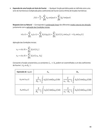 48
• Expansão de uma Função em Serie de Fourier – Qualquer função periódica pode ser definida como uma
serie de harmîonicos multiplicada pelos coeficientes de Fourier (soma infinita de funções harmônicas
𝑓( 𝑡) =
𝐹0
2
+ ∑ 𝐴 𝑝 cos( 𝑝𝜔𝑡)
∞
𝑝=1
+ ∑ 𝐵𝑝 𝑓 sin( 𝑝𝜔𝑡)
∞
𝑝=1
Resposta Livre ou Natural – Corresponde à combinação linear dos diferentes modos naturais de vibração,
juntamente com a aplicação das Condições Iniciais.
𝑣( 𝑥, 𝑡) = ∑ 𝑣 𝑛(𝑥, 𝑡)
∞
𝑛=1
= ∑ 𝑉𝑛( 𝑥) 𝑔 𝑛(𝑡)
∞
𝑛=1
= ∑ 𝑉𝑛( 𝑥)
∞
𝑛=1
[ 𝐶 𝑛 cos( 𝜔 𝑛 𝑡) + 𝐷 𝑛 sin( 𝜔 𝑛 𝑡) ]
Aplicação das Condições Iniciais:
𝑣0 = 𝑣( 𝑥, 0) = ∑ 𝑉𝑛( 𝑥)
∞
𝑛=1
[ 𝐶 𝑛 ]
𝑣̇0 = 𝑣( 𝑥, 0) = ∑ 𝑉𝑛( 𝑥)
∞
𝑛=1
[ 𝜔 𝑛 𝐷 𝑛]
Consoante a função característica, as constantes 𝐶 𝑛 e 𝐷 𝑛 podem ser assemelhadas a um dos coeficientes
de Fourier ( 𝐴 𝑝 𝑜𝑢 𝐵𝑝 ) :
Expressão de 𝒗 𝟎(𝒙) 𝑪 𝒏 𝑫 𝒏
Ancos ( 𝜔 𝑛 𝑥)
2
𝐴 𝑛 ⋅ 𝑙
∫ 𝑣0( 𝑥) cos( 𝜔 𝑛 𝑥) 𝑑𝑥
𝑙
0
2
𝜔 𝑛 ⋅ 𝐴 𝑛 ⋅ 𝑙
∫ 𝑣̇0( 𝑥) cos( 𝜔 𝑛 𝑥) 𝑑𝑥
𝑙
0
Ansin( 𝜔 𝑛 𝑥)
2
𝐴 𝑛 ⋅ 𝑙
∫ 𝑣0( 𝑥) sin( 𝜔 𝑛 𝑥) 𝑑𝑥
𝑙
0
2
𝜔 𝑛 ⋅ 𝐴 𝑛 ⋅ 𝑙
∫ 𝑣̇0( 𝑥) sin( 𝜔 𝑛 𝑥) 𝑑𝑥
𝑙
0
 