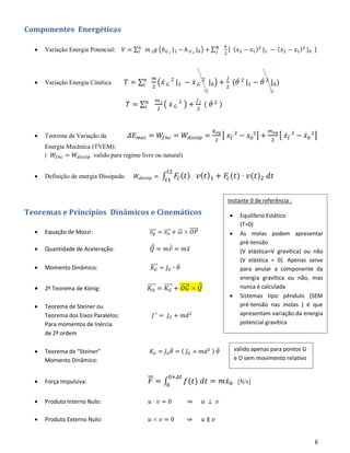 6
Componentes Energéticas
• Variação Energia Potencial: 𝑉 = ∑ 𝑚 𝑖 𝑔 (ℎ 𝐺 𝑖
|1 − ℎ 𝐺 𝑖
|0)𝑛
𝑖 + ∑
𝑘
2
[ ( 𝑥2 − 𝑥1)2
|1 − ( 𝑥2 − 𝑥1)2
|0 ]𝑁
𝑗
• Variação Energia Cinética 𝑇 = ∑
𝑚
2
(𝑥̇ 𝐺
2
|1 − 𝑥̇ 𝐺
2
|0) +
𝐽
2
(𝜃̇ 2
|1 − 𝜃̇ 2
|0)𝑛
𝑖
𝑇 = ∑
𝑚 𝑖
2
( 𝑥̇ 𝐺
2
) +
𝐽 𝑖
2
( 𝜃̇ 2
)𝑛
𝑖
• Teorema da Variação da 𝛥𝐸 𝑚𝑒𝑐 = 𝑊𝑓𝑛𝑐 = 𝑊𝑑𝑖𝑠𝑠𝑖𝑝 =
𝑘 𝑒𝑞
2
[ 𝑥𝑡̅
2
− 𝑥0
2
] +
𝑚 𝑒𝑞
2
[ 𝑥̇ 𝑡̅
2
− 𝑥̇0
2
]
Energia Mecânica (TVEM):
( 𝑊𝑓𝑛𝑐 = 𝑊𝑑𝑖𝑠𝑠𝑖𝑝 valido para regime livre ou natural)
• Definição de energia Dissipada: 𝑊𝑑𝑖𝑠𝑠𝑖𝑝 = ∫ 𝐹𝑐( 𝑡) ⋅ 𝑣( 𝑡)1 + 𝐹𝑐(𝑡) ⋅ 𝑣(𝑡)2 𝑑𝑡
𝑡2
𝑡1
Teoremas e Princípios Dinâmicos e Cinemáticos
• Equação de Mozzi: 𝑣 𝑝⃗⃗⃗⃗ = 𝑣𝑜⃗⃗⃗⃗ + 𝜔⃗⃗ × 𝑂𝑃⃗⃗⃗⃗⃗
• Quantidade de Aceleração: 𝑄⃗̇
= 𝑚𝑣̇ = 𝑚𝑥̈
• Momento Dinâmico: 𝐾𝐺
⃗⃗⃗⃗⃗ = 𝐽 𝐺 ⋅ 𝜃̈
• 2º Teorema de König: 𝐾 𝑂
⃗⃗⃗⃗⃗ = 𝐾 𝐺
⃗⃗⃗⃗⃗ + 𝑂𝐺⃗⃗⃗⃗⃗ × 𝑄⃗̇
• Teorema de Steiner ou
Teorema dos Eixos Paralelos: 𝐽 ′
= 𝐽 𝐺 + 𝑚𝑑2
Para momentos de Inércia
de 2ª ordem
• Teorema de “Steiner” 𝐾𝑜 = 𝐽 𝑜 𝜃̈ = ( 𝐽 𝐺 + 𝑚𝑑2 ) 𝜃̈
Momento Dinâmico:
• Força Impulsiva: 𝐹 = ∫ 𝑓(𝑡) 𝑑𝑡
0+𝛥𝑡
0
= 𝑚𝑥̇0 [N/s]
• Produto Interno Nulo: 𝑢 ⋅ 𝑣 = 0 ⇒ 𝑢 ⊥ 𝑣
• Produto Externo Nulo: 𝑢 × 𝑣 = 0 ⇒ 𝑢 ∥ 𝑣
Instante 0 de referência :
• Equilíbrio Estático
(T=0)
• As molas podem apresentar
pré-tensão
(V elástica=V gravítica) ou não
(V elástica = 0). Apenas serve
para anular a componente da
energia gravítica ou não, mas
nunca é calculada
• Sistemas tipo pêndulo (SEM
pré-tensão nas molas ) é que
apresentam variação da energia
potencial gravítica
válido apenas para pontos G
e O sem movimento relativo
 