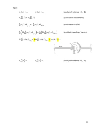 65
Vigas:
𝑣1(0, 𝑡) =. .. 𝑣1(0, 𝑡) =. .. (condições fronteira 𝑥 = 0 , 2x)
𝑣1 (
𝑙
2
, 𝑡) = 𝑣2 (
𝑙
2
, 𝑡) (igualdade de deslocamento)
𝜕
𝜕𝑥
𝑣1( 𝑥, 𝑡)|
𝑥=
𝑙
2
=
𝜕
𝜕𝑥
𝑣2( 𝑥, 𝑡)| 𝑥2=0
(igualdade de rotações)
𝜕
𝜕𝑥
(𝐸𝐼
𝜕
𝜕𝑥2 𝑣1( 𝑥, 𝑡)|
𝑥=
𝑙
2
) =
𝜕
𝜕𝑥
(𝐸𝐼
𝜕
𝜕𝑥2 𝑣2( 𝑥, 𝑡)| 𝑥2=0
) (igualdade de esforço Transv.)
𝐸𝐼
𝜕2
𝜕𝑥2 𝑣1( 𝑥, 𝑡)|
𝑥=
𝑙
2
= +𝐸𝐼
𝜕2
𝜕𝑥2 𝑣2( 𝑥, 𝑡)| 𝑥2=0
− 𝑘𝑣2(0, 𝑡)−. …
𝑣2 (
𝑙
2
, 𝑡) =. .. 𝑣2 (
𝑙
2
, 𝑡) =. .. (condições fronteira 𝑥 = 𝑙 , 2x)
 