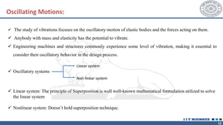 12
✓ The study of vibrations focuses on the oscillatory motion of elastic bodies and the forces acting on them.
✓ Anybody with mass and elasticity has the potential to vibrate.
✓ Engineering machines and structures commonly experience some level of vibration, making it essential to
consider their oscillatory behavior in the design process.
✓ Oscillatory systems
Linear system
Non-linear system
✓ Linear system: The principle of Superposition is well well-known mathematical formulation utilized to solve
the linear system
✓ Nonlinear system: Doesn’t hold superposition technique.
Oscillating Motions:
 