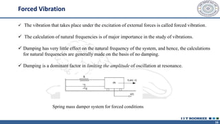 16
✓ The vibration that takes place under the excitation of external forces is called forced vibration.
✓ The calculation of natural frequencies is of major importance in the study of vibrations.
✓ Damping has very little effect on the natural frequency of the system, and hence, the calculations
for natural frequencies are generally made on the basis of no damping.
✓ Damping is a dominant factor in limiting the amplitude of oscillation at resonance.
Spring mass damper system for forced conditions
Forced Vibration
 