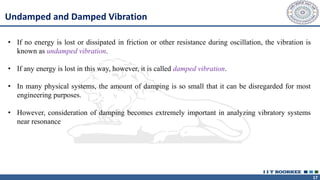 17
Undamped and Damped Vibration
• If no energy is lost or dissipated in friction or other resistance during oscillation, the vibration is
known as undamped vibration.
• If any energy is lost in this way, however, it is called damped vibration.
• In many physical systems, the amount of damping is so small that it can be disregarded for most
engineering purposes.
• However, consideration of damping becomes extremely important in analyzing vibratory systems
near resonance
 