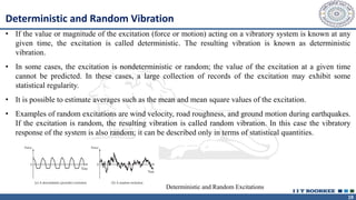 19
Deterministic and Random Vibration
• If the value or magnitude of the excitation (force or motion) acting on a vibratory system is known at any
given time, the excitation is called deterministic. The resulting vibration is known as deterministic
vibration.
• In some cases, the excitation is nondeterministic or random; the value of the excitation at a given time
cannot be predicted. In these cases, a large collection of records of the excitation may exhibit some
statistical regularity.
• It is possible to estimate averages such as the mean and mean square values of the excitation.
• Examples of random excitations are wind velocity, road roughness, and ground motion during earthquakes.
If the excitation is random, the resulting vibration is called random vibration. In this case the vibratory
response of the system is also random; it can be described only in terms of statistical quantities.
Deterministic and Random Excitations
 