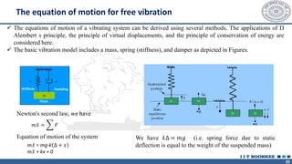 20
✓ The equations of motion of a vibrating system can be derived using several methods. The applications of D
Alembert s principle, the principle of virtual displacements, and the principle of conservation of energy are
considered here.
✓ The basic vibration model includes a mass, spring (stiffness), and damper as depicted in Figures.
𝑚 ሷ
𝑥 = ෍ 𝐹
Newton's second law, we have
Equation of motion of the system
𝑚 ሷ
𝑥 = mg-k ∆ + 𝑥
𝑚 ሷ
𝑥 + kx = 0
We have k∆ = 𝑚𝑔 (i.e. spring force due to static
deflection is equal to the weight of the suspended mass)
The equation of motion for free vibration
 