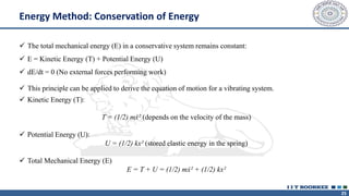 25
✓ The total mechanical energy (E) in a conservative system remains constant:
✓ E = Kinetic Energy (T) + Potential Energy (U)
✓ dE/dt = 0 (No external forces performing work)
✓ This principle can be applied to derive the equation of motion for a vibrating system.
✓ Kinetic Energy (T):
T = (1/2) mẋ² (depends on the velocity of the mass)
✓ Potential Energy (U):
U = (1/2) kx² (stored elastic energy in the spring)
✓ Total Mechanical Energy (E)
E = T + U = (1/2) mẋ² + (1/2) kx²
Energy Method: Conservation of Energy
 