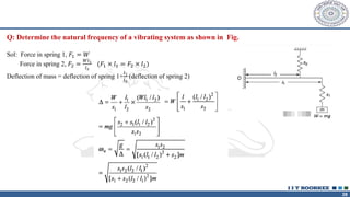 28
Q: Determine the natural frequency of a vibrating system as shown in Fig.
Sol: Force in spring 1, 𝐹1 = 𝑊
Force in spring 2, 𝐹2 =
𝑊𝑙1
𝑙2
(𝐹1 × 𝑙1 = 𝐹2 × 𝑙2)
Deflection of mass = deflection of spring 1+
𝑙1
𝑙2
(deflection of spring 2)
 