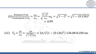 41
(ii)
𝐷𝑎𝑚𝑝𝑒𝑑 𝑓𝑟𝑒𝑞
𝑈𝑛𝑑𝑎𝑚𝑝𝑒𝑑 𝑓𝑟𝑒𝑞
=
𝜔𝑑
𝜔𝑛
=
1−𝜉2
𝜔𝑛
𝜔𝑛 = 1 − 𝜉2 = 1 − 0.136 2
= 0.99
𝑖𝑖𝑖 𝑇𝑑 =
2𝜋
𝜔𝑑
=
2𝜋
1−𝜉2𝜔𝑛
= 2𝜋/√(1 − 0.136 2
) ×24.49=0.259 sec
 