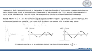 49
The quantity 𝑋/𝛿𝑠𝑡 represents the ratio of the dynamic to the static amplitude of motion and is called the magnification
factor, amplification factor, or amplitude ratio. The variation of the amplitude ratio 𝑋/𝛿𝑠𝑡, with the frequency ratio 𝑟 =
𝜔/𝜔𝑛 (Eq.8) is shown in Fig. From this figure, the response of the system can be identified to be of three types.
Case 1. When 0 <
𝜔
𝜔𝑛
< 1 the denominator in Eq. (8) is positive and the response is given by Eq. (3) without change. The
harmonic response of the system 𝑥𝑝(𝑡) is said to be in phase with the external force as shown in Fig. below.
(a) Magnification factor of an undamped system , Harmonic response when 0 <
𝜔
𝜔𝑛
< 1.
 