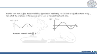52
It can be seen from Eq. (13) that at resonance, x(t) increases indefinitely. The last term of Eq. (13) is shown in Fig. 1,
from which the amplitude of the response can be seen to increase linearly with time.
Harmonic response when
𝜔
𝜔𝑛
> 1
 