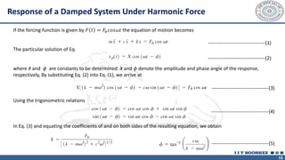 53
Response of a Damped System Under Harmonic Force
If the forcing function is given by 𝐹 𝑡 = 𝐹𝑛𝑐𝑜𝑠𝜔𝑡 the equation of motion becomes
The particular solution of Eq.
where X and 𝜙 are constants to be determined. X and 𝜙 denote the amplitude and phase angle of the response,
respectively, By substituting Eq. (2) into Eq. (1), we arrive at
Using the trigonometric relations
In Eq. (3) and equating the coefficients of and on both sides of the resulting equation, we obtain
-----------------------------------(1)
-----------------------------------(2)
-----------------------------------(3)
-----------------------------------(4)
-----------------------------------(5)
 