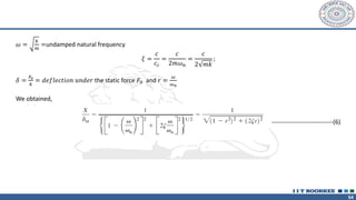 54
𝜔 =
𝑘
𝑚
=undamped natural frequency
𝜉 =
𝑐
𝑐𝑐
=
𝑐
2𝑚𝜔𝑛
=
𝑐
2 𝑚𝑘
;
𝛿 =
𝐹0
𝑘
= 𝑑𝑒𝑓𝑙𝑒𝑐𝑡𝑖𝑜𝑛 𝑢𝑛𝑑𝑒𝑟 the static force 𝐹0 and 𝑟 =
𝜔
𝜔𝑛
We obtained,
------------------------------(6)
 