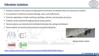 63
Vibration Isolation
✓ Vibration isolation is the process of reducing the transmission of vibrations from one structure to another.
✓ It is essential in industries to prevent damage, noise, and inefficiencies.
✓ Common applications include machinery, buildings, vehicles, and aerospace structures.
✓ Isolation can be achieved through passive or active systems.
✓ Passive systems use materials and mechanical structures like springs and dampers.
✓ Active systems use sensors and actuators to counteract vibrations.
Spring isolator system
https://www.sciencedirect.com/science/article/pii/S0022460X2500015X#sec5
 