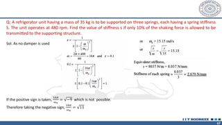 67
Q: A refrigerator unit having a mass of 35 kg is to be supported on three springs, each having a spring stiffness
S. The unit operates at 480 rpm. Find the value of stiffness s if only 10% of the shaking force is allowed to be
transmitted to the supporting structure.
Sol. As no damper is used
If the positive sign is taken,
16𝜋
𝜔𝑛
= −9 which is not possible.
Therefore taking the negative sign,
16𝜋
𝜔𝑛
= 11
 