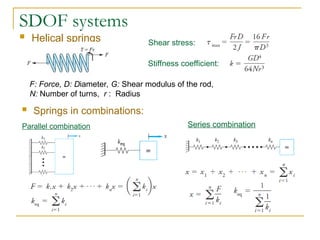 SDOF systems
 Helical springs
F: Force, D: Diameter, G: Shear modulus of the rod,
N: Number of turns, r : Radius
Shear stress:
Stiffness coefficient:
 Springs in combinations:
Parallel combination Series combination
 