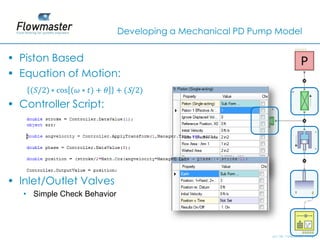 Developing a Mechanical PD Pump Model


• Piston Based
• Equation of Motion:

• Controller Script:




• Inlet/Outlet Valves
   • Simple Check Behavior




                                                            2011© Flowmaster Group
                                                                ©
                                                                ©
 