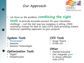 Our Approach


•   We focus on the problem,   combining the right
    tools   to provide accurate answers for your simulation
    challenge – not the tool any one company is selling. CSEG
    maintains licenses for best in class COTS tools providing instant
    technical capability expansion to your projects.



System Tools                             CFD Tools
• Flowmaster*                            • Ansys Fluent
• Amesim                                 • STAR-CD
• Gamma Technologies
                                         Other
Optimization Tools                       • Matlab/Simulink
• iSight*                                • Can integrate your
• ModeFrontier                             in-house software
                                           with COTS
 