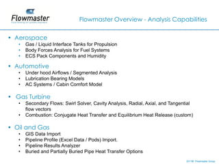 Flowmaster Overview - Analysis Capabilities


• Aerospace
   •   Gas / Liquid Interface Tanks for Propulsion
   •   Body Forces Analysis for Fuel Systems
   •   ECS Pack Components and Humidity

• Automotive
   •   Under hood Airflows / Segmented Analysis
   •   Lubrication Bearing Models
   •   AC Systems / Cabin Comfort Model

• Gas Turbine
   •   Secondary Flows: Swirl Solver, Cavity Analysis, Radial, Axial, and Tangential
       flow vectors
   •   Combustion: Conjugate Heat Transfer and Equilibrium Heat Release (custom)

• Oil and Gas
   •   GIS Data Import
   •   Pipeline Profile (Excel Data / Pods) Import.
   •   Pipeline Results Analyzer
   •   Buried and Partially Buried Pipe Heat Transfer Options
                                                                                2011© Flowmaster Group
                                                                                    ©
                                                                                    ©
 