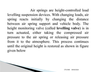 09/03/2024
CTC/CNB
Air springs are height-controlled load
levelling suspension devices. With changing loads, air
spring reacts initially by changing the distance
between air spring support and vehicle body. The
height monitoring valve (called levelling valve) is in
turn actuated, either taking the compressed air
pressure to the air spring or releasing air pressure
from it to the atmosphere. This process continues
until the original height is restored as shown in figure
given below
 