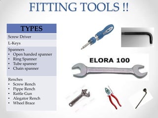 FITTING TOOLS !!
TYPES
Screw Driver
L-Keys
Spanners
• Open handed spanner
• Ring Spanner
• Tube spanner
• Chain spanner
Renches
• Screw Rench
• Pippe Rench
• Rattle Gun
• Alegator Rench
• Wheel Brace