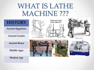 WHAT IS LATHE
MACHINE ???
HISTORY
Ancient Egyptians
Ancient Greeks
Ancient Rome
Middle Ages
Modren Age