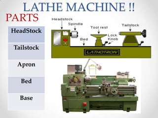 LATHE MACHINE !!
PARTS
HeadStock
Tailstock
Apron
Bed
Base