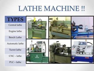 LATHE MACHINE !!
TYPES
Central lathe
Engine lathe
Bench Lathe
Automatic lathe
Turret lathe
CNC – lathe
PLC – lathe