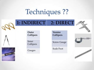 Techniques ??
1: INDIRECT 2: DIRECT
Outer
Callipers
Inner
Callipers
Gauges
Vernier
Callipers
Screw Gauge
Scale Foot