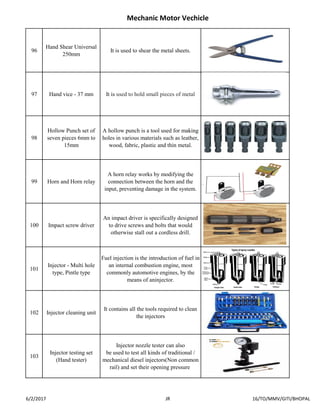 Mechanic motor vehicle tool list with picture and uses