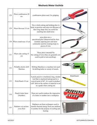 Mechanic motor vehicle tool list with picture and uses