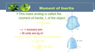 Moment of Inertia
This mass analog is called the
moment of inertia, I, of the object
– r = moment arm
– SI units are kg m2
∫=
m
dmrI 2
∫∫∫= dzdydxrI 2
ρ
dVrI
dVdm
∫=
=
2
:densityvolumetheiswhere,Using
ρ
ρρ
 