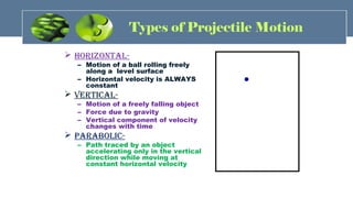 Types of Projectile Motion
 HORIzONTaL-
– Motion of a ball rolling freely
along a level surface
– Horizontal velocity is ALWAYS
constant
 VERTICaL-
– Motion of a freely falling object
– Force due to gravity
– Vertical component of velocity
changes with time
 PaRabOLIC-
– Path traced by an object
accelerating only in the vertical
direction while moving at
constant horizontal velocity
 