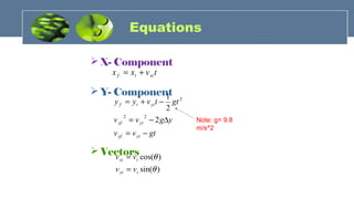 Equations
 X- Component
 Y- Component
 Vectors
tvxx xiif +=
gtvv
ygvv
gttvyy
yiyf
yiyf
yiif
−=
∆−=
−+=
2
2
1
22
2
)sin(
)cos(
θ
θ
iyi
ixi
vv
vv
=
=
Note: g= 9.8
m/s^2
 