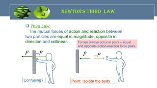 NEWTON’S Third LAW
 Third Law:
The mutual forces of action and reaction between
two particles are equal in magnitude, opposite in
direction and collinear.
F
r
F−
rF
r
F−
r
Confusing? Point: Isolate the body
Forces always occur in pairs – equal
and opposite action-reaction force pairs.
 