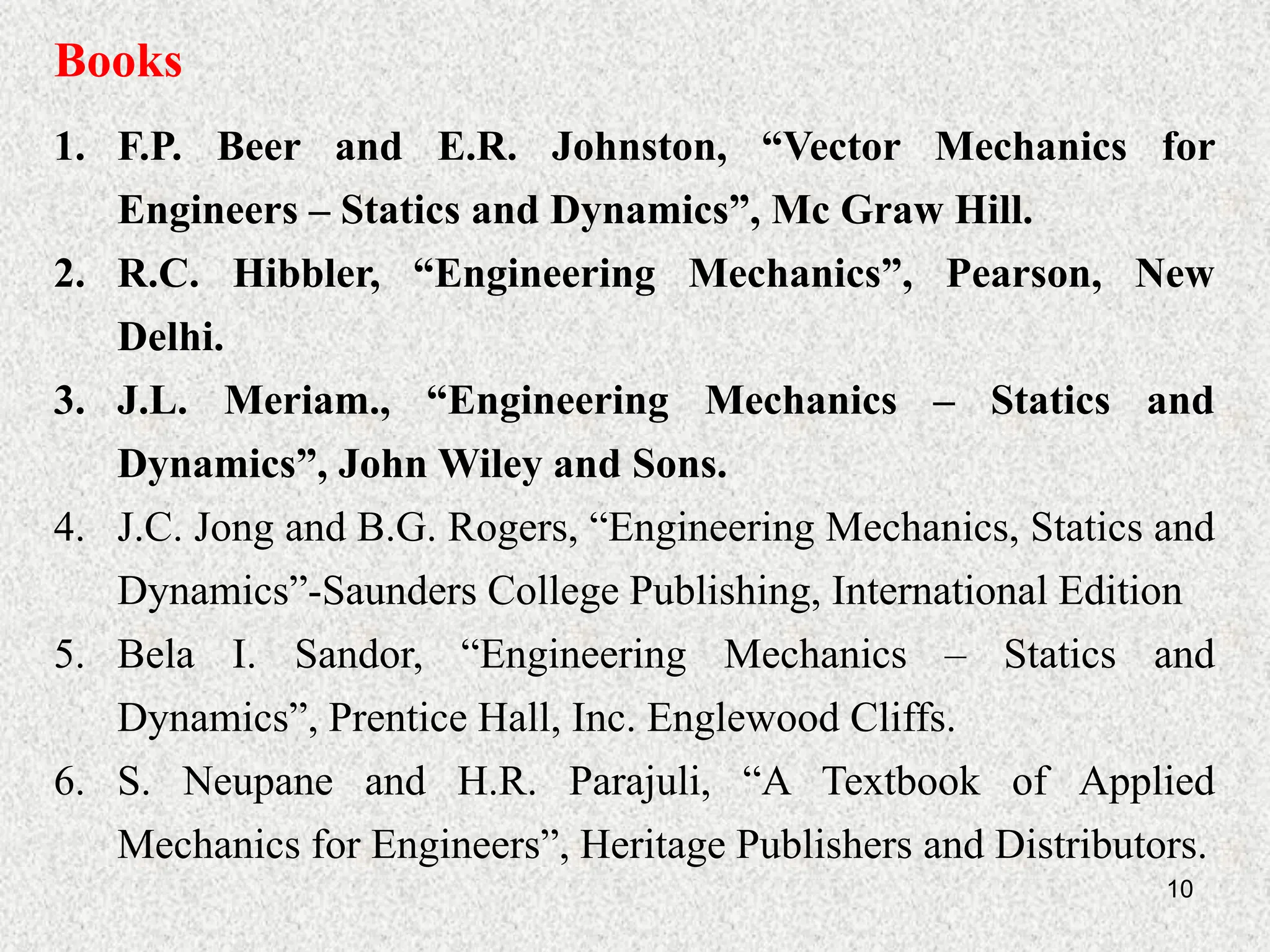 10
Books
1. F.P. Beer and E.R. Johnston, “Vector Mechanics for
Engineers – Statics and Dynamics”, Mc Graw Hill.
2. R.C. Hibbler, “Engineering Mechanics”, Pearson, New
Delhi.
3. J.L. Meriam., “Engineering Mechanics – Statics and
Dynamics”, John Wiley and Sons.
4. J.C. Jong and B.G. Rogers, “Engineering Mechanics, Statics and
Dynamics”-Saunders College Publishing, International Edition
5. Bela I. Sandor, “Engineering Mechanics – Statics and
Dynamics”, Prentice Hall, Inc. Englewood Cliffs.
6. S. Neupane and H.R. Parajuli, “A Textbook of Applied
Mechanics for Engineers”, Heritage Publishers and Distributors.
 