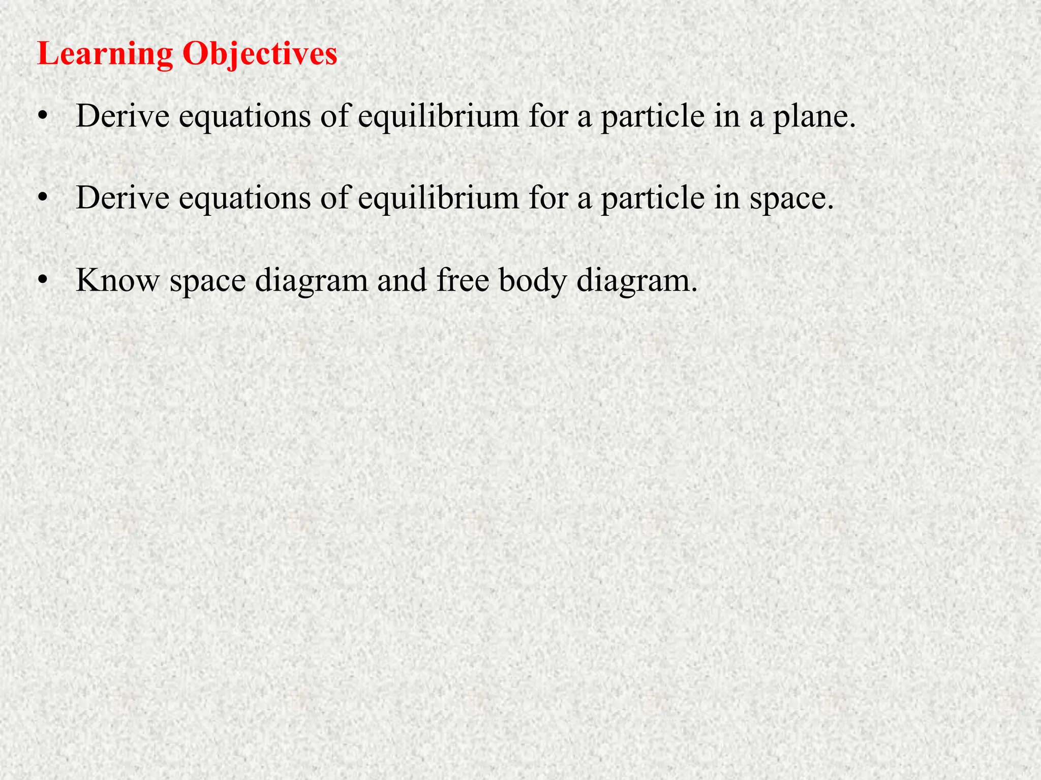 • Derive equations of equilibrium for a particle in a plane.
Learning Objectives
• Derive equations of equilibrium for a particle in space.
• Know space diagram and free body diagram.
 