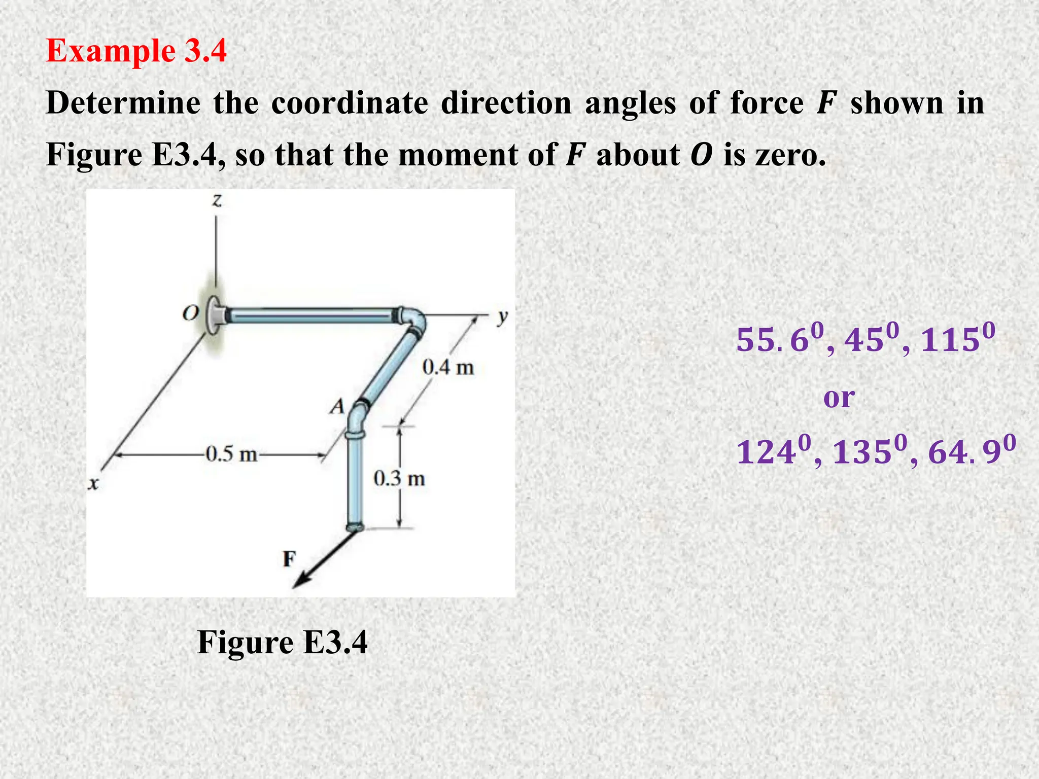 Example 3.4
Determine the coordinate direction angles of force 𝑭 shown in
Figure E3.4, so that the moment of 𝑭 about 𝑶 is zero.
Figure E3.4
𝟓𝟓. 𝟔𝟎, 𝟒𝟓𝟎, 𝟏𝟏𝟓𝟎
or
𝟏𝟐𝟒𝟎, 𝟏𝟑𝟓𝟎, 𝟔𝟒. 𝟗𝟎
 