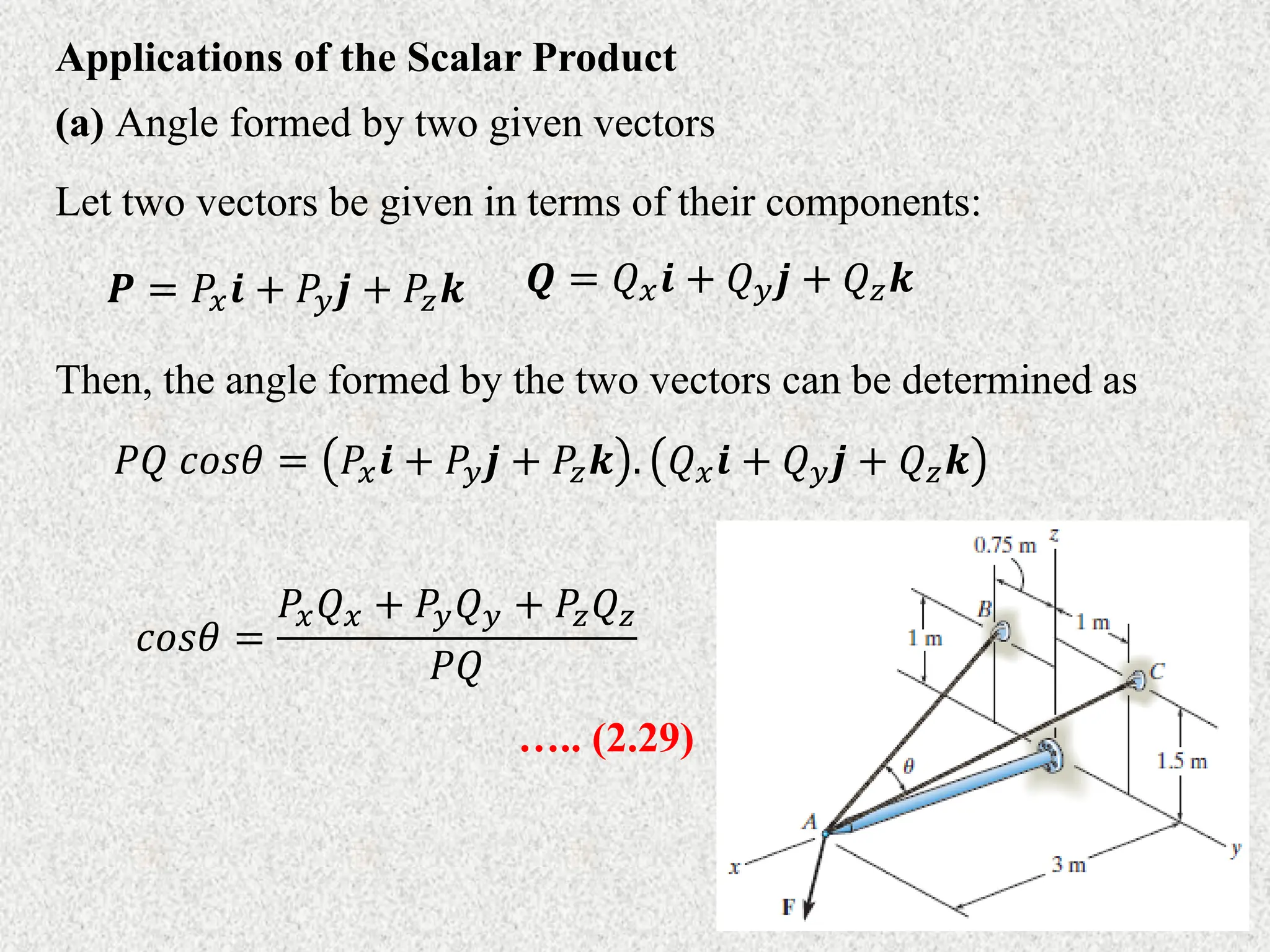 Applications of the Scalar Product
(a) Angle formed by two given vectors
Let two vectors be given in terms of their components:
𝑷 = 𝑃𝑥𝒊 + 𝑃𝑦𝒋 + 𝑃𝑧𝒌 𝑸 = 𝑄𝑥𝒊 + 𝑄𝑦𝒋 + 𝑄𝑧𝒌
Then, the angle formed by the two vectors can be determined as
𝑃𝑄 𝑐𝑜𝑠𝜃 = 𝑃𝑥𝒊 + 𝑃𝑦𝒋 + 𝑃𝑧𝒌 . 𝑄𝑥𝒊 + 𝑄𝑦𝒋 + 𝑄𝑧𝒌
𝑐𝑜𝑠𝜃 =
𝑃𝑥𝑄𝑥 + 𝑃𝑦𝑄𝑦 + 𝑃𝑧𝑄𝑧
𝑃𝑄
….. (2.29)
 