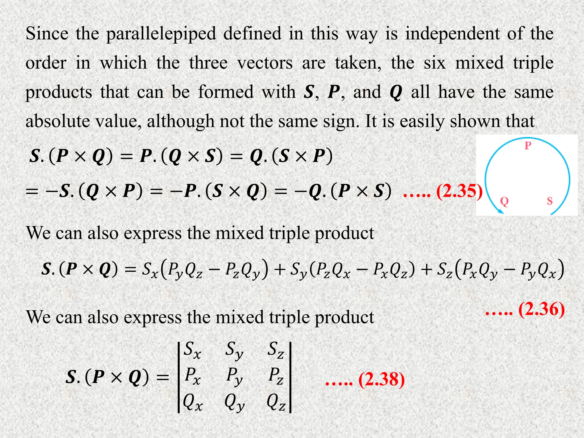 Since the parallelepiped defined in this way is independent of the
order in which the three vectors are taken, the six mixed triple
products that can be formed with 𝑺, 𝑷, and 𝑸 all have the same
absolute value, although not the same sign. It is easily shown that
𝑺. 𝑷 × 𝑸 = 𝑷. 𝑸 × 𝑺 = 𝑸. 𝑺 × 𝑷
= −𝑺. 𝑸 × 𝑷 = −𝑷. 𝑺 × 𝑸 = −𝑸. 𝑷 × 𝑺 ….. (2.35)
We can also express the mixed triple product
𝑺. 𝑷 × 𝑸 = 𝑆𝑥 𝑃𝑦𝑄𝑧 − 𝑃𝑧𝑄𝑦 + 𝑆𝑦 𝑃𝑧𝑄𝑥 − 𝑃𝑥𝑄𝑧 + 𝑆𝑧 𝑃𝑥𝑄𝑦 − 𝑃𝑦𝑄𝑥
….. (2.36)
We can also express the mixed triple product
𝑺. 𝑷 × 𝑸 =
𝑆𝑥 𝑆𝑦 𝑆𝑧
𝑃𝑥 𝑃𝑦 𝑃𝑧
𝑄𝑥 𝑄𝑦 𝑄𝑧
….. (2.38)
 