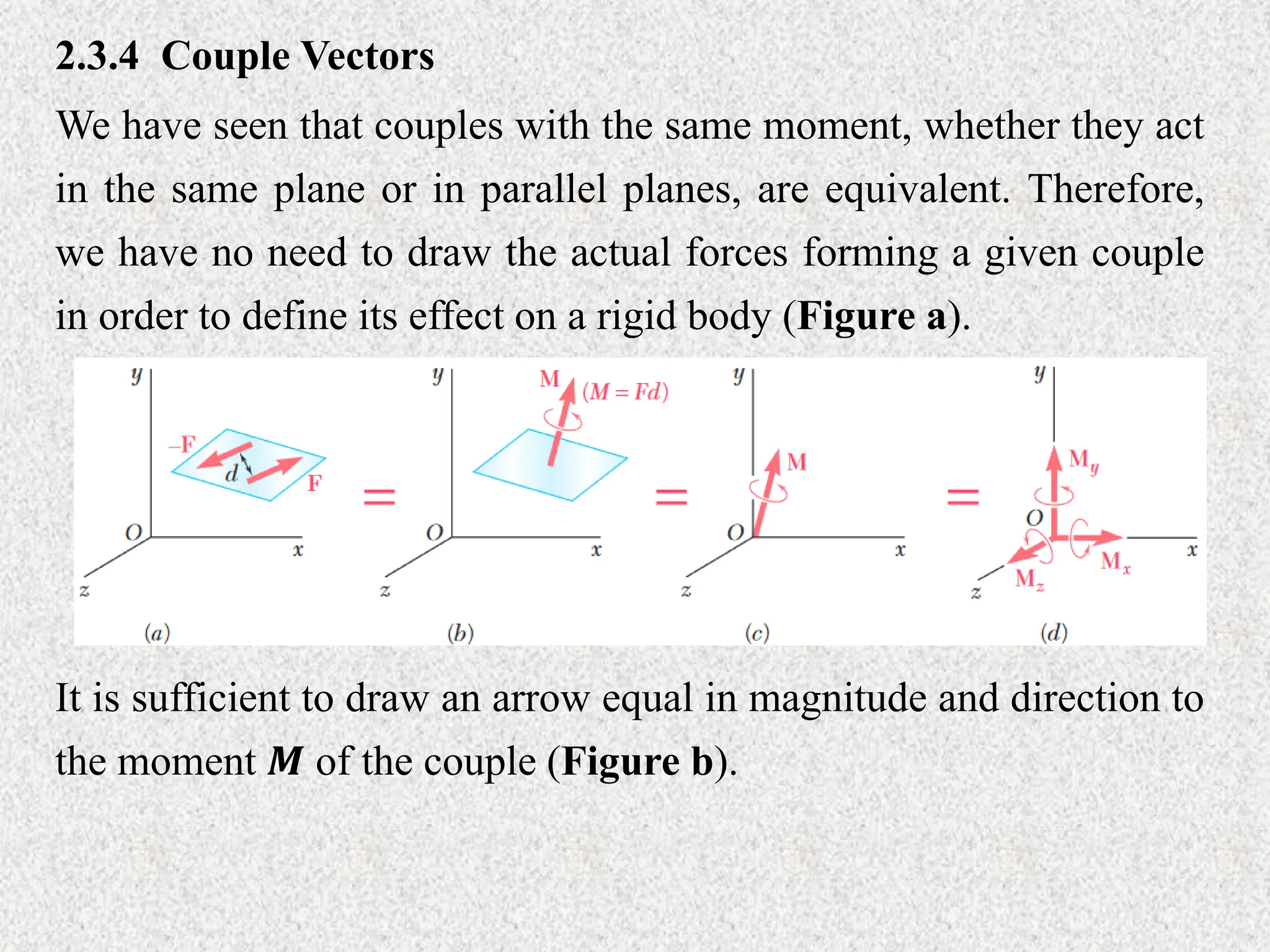 2.3.4 Couple Vectors
We have seen that couples with the same moment, whether they act
in the same plane or in parallel planes, are equivalent. Therefore,
we have no need to draw the actual forces forming a given couple
in order to define its effect on a rigid body (Figure a).
It is sufficient to draw an arrow equal in magnitude and direction to
the moment 𝑴 of the couple (Figure b).
 