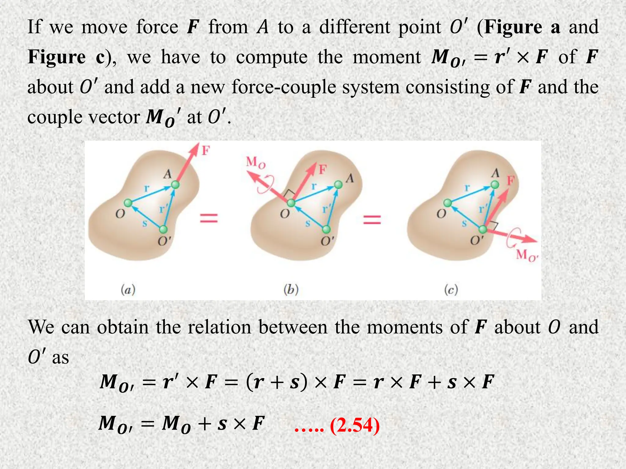 If we move force 𝑭 from 𝐴 to a different point 𝑂′ (Figure a and
Figure c), we have to compute the moment 𝑴𝑶′ = 𝒓′ × 𝑭 of 𝑭
about 𝑂′ and add a new force-couple system consisting of 𝑭 and the
couple vector 𝑴𝑶′ at 𝑂′.
We can obtain the relation between the moments of 𝑭 about 𝑂 and
𝑂′ as
𝑴𝑶′ = 𝒓′ × 𝑭 = 𝒓 + 𝒔 × 𝑭 = 𝒓 × 𝑭 + 𝒔 × 𝑭
𝑴𝑶′ = 𝑴𝑶 + 𝒔 × 𝑭 ….. (2.54)
 