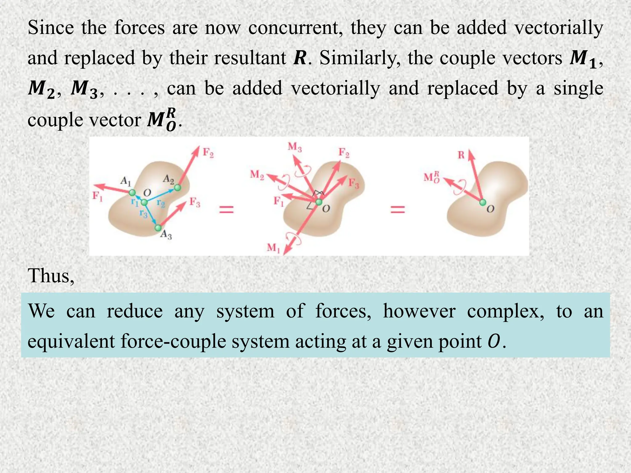 Since the forces are now concurrent, they can be added vectorially
and replaced by their resultant 𝑹. Similarly, the couple vectors 𝑴𝟏,
𝑴𝟐, 𝑴𝟑, . . . , can be added vectorially and replaced by a single
couple vector 𝑴𝑶
𝑹
.
Thus,
We can reduce any system of forces, however complex, to an
equivalent force-couple system acting at a given point 𝑂.
 