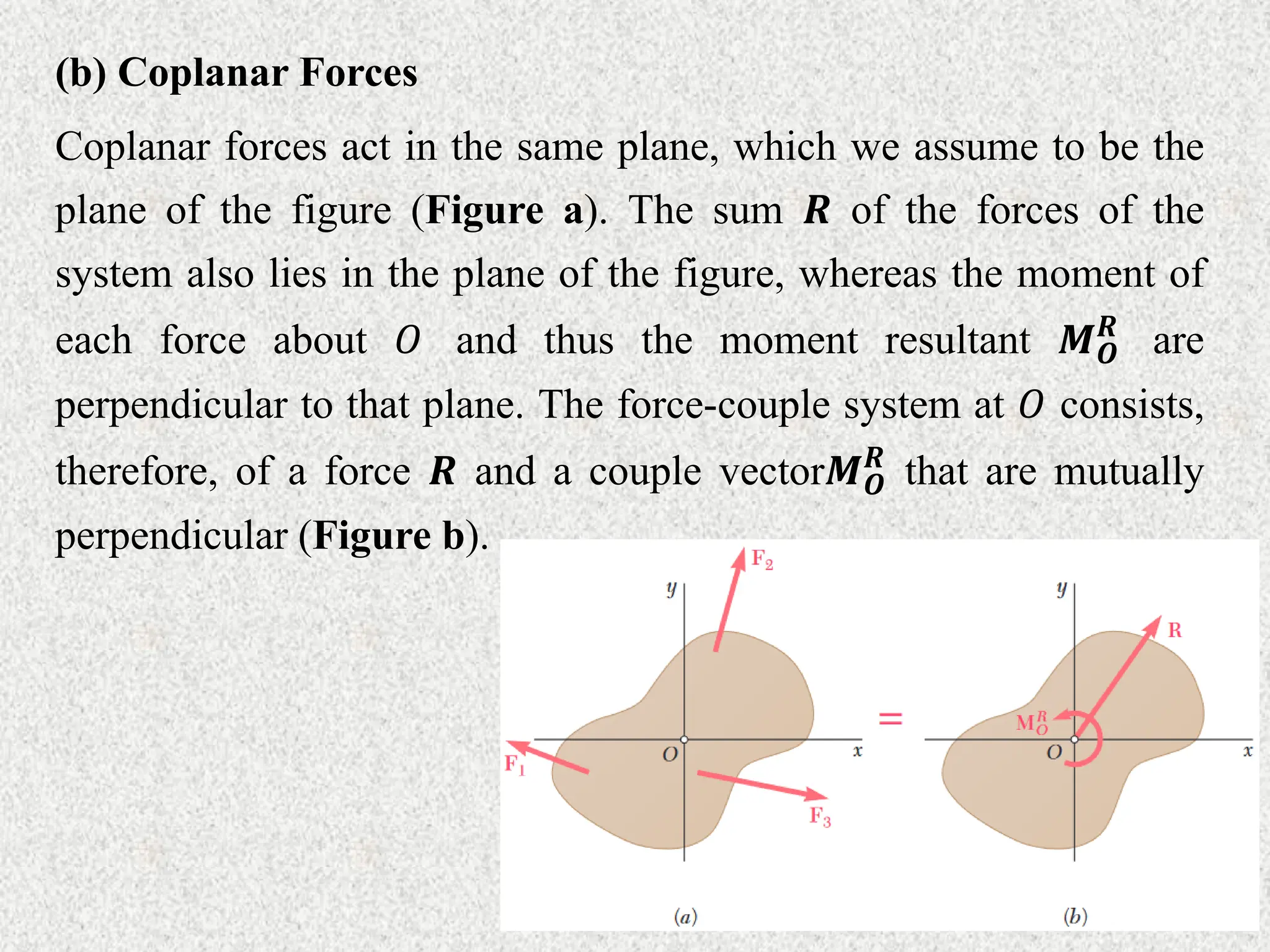 (b) Coplanar Forces
Coplanar forces act in the same plane, which we assume to be the
plane of the figure (Figure a). The sum 𝑹 of the forces of the
system also lies in the plane of the figure, whereas the moment of
each force about 𝑂 and thus the moment resultant 𝑴𝑶
𝑹
are
perpendicular to that plane. The force-couple system at 𝑂 consists,
therefore, of a force 𝑹 and a couple vector𝑴𝑶
𝑹
that are mutually
perpendicular (Figure b).
 
