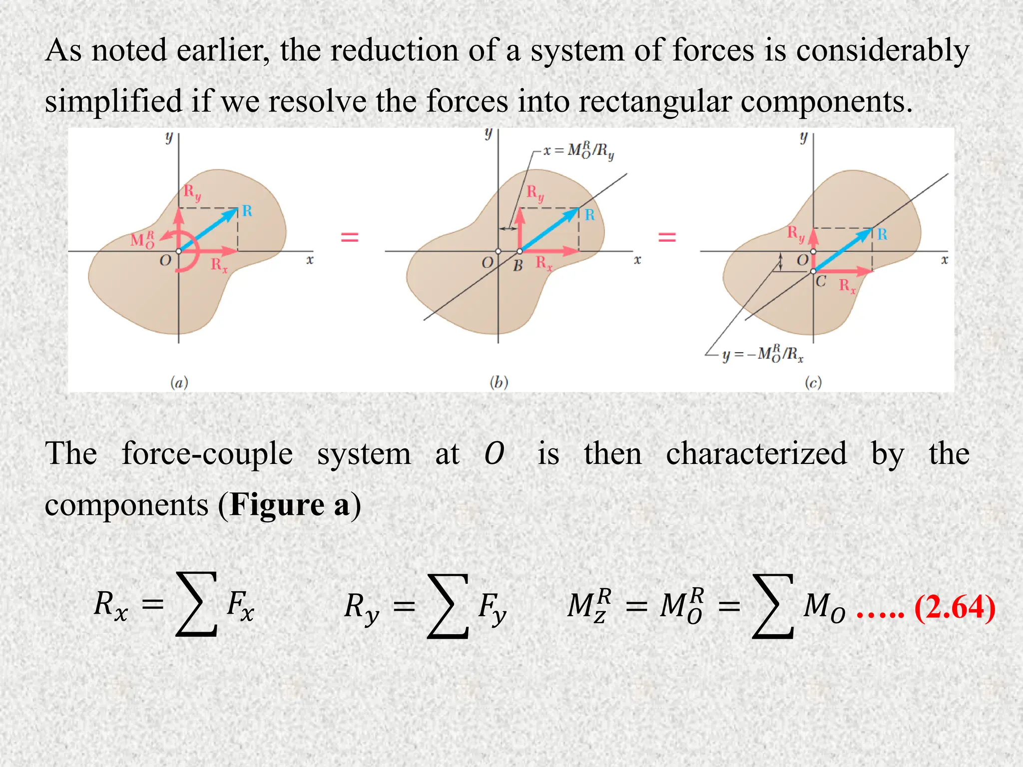 As noted earlier, the reduction of a system of forces is considerably
simplified if we resolve the forces into rectangular components.
The force-couple system at 𝑂 is then characterized by the
components (Figure a)
𝑅𝑥 = 𝐹𝑥 𝑅𝑦 = 𝐹𝑦 𝑀𝑧
𝑅 = 𝑀𝑂
𝑅
= 𝑀𝑂 ….. (2.64)
 